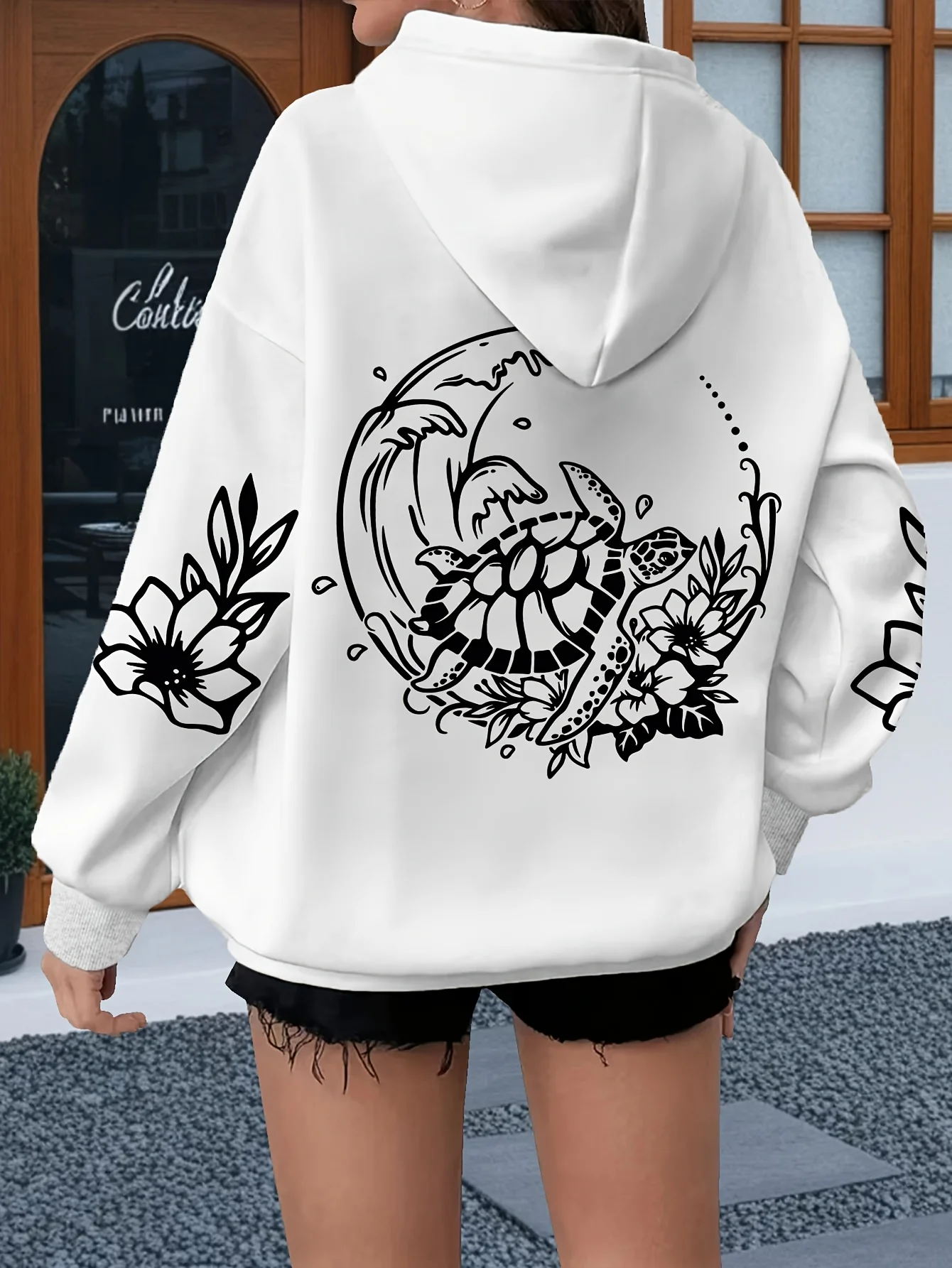 Vine Flower Turtle Printed Hoodie - Large Women's Hoodie Casual Drawstring Hoodie Long Sleeve Kangaroo Pocket Hoodie
