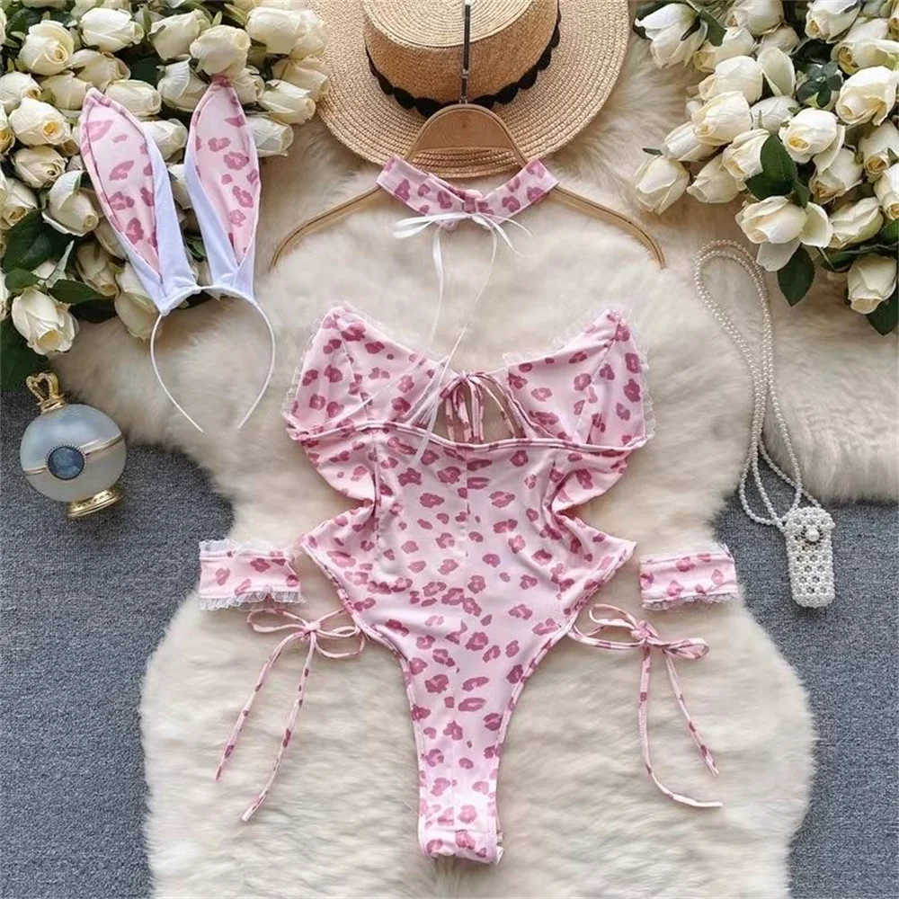 Hot Sexy Pure Cute Sweet baby Strap Hollow Out Bunny Girl Women Role Play Uniform Set with Pink Lips and 5 Pieces of Bodysuit