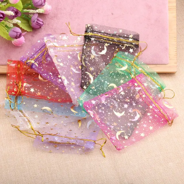 25/50 sztuk 7x9/9x12/10x15/13x18cm gwiazda księżyc Organza torby na prezenty Mini saszetka złoty kolor torba ze sznurkiem opakowanie na biżuterię woreczki