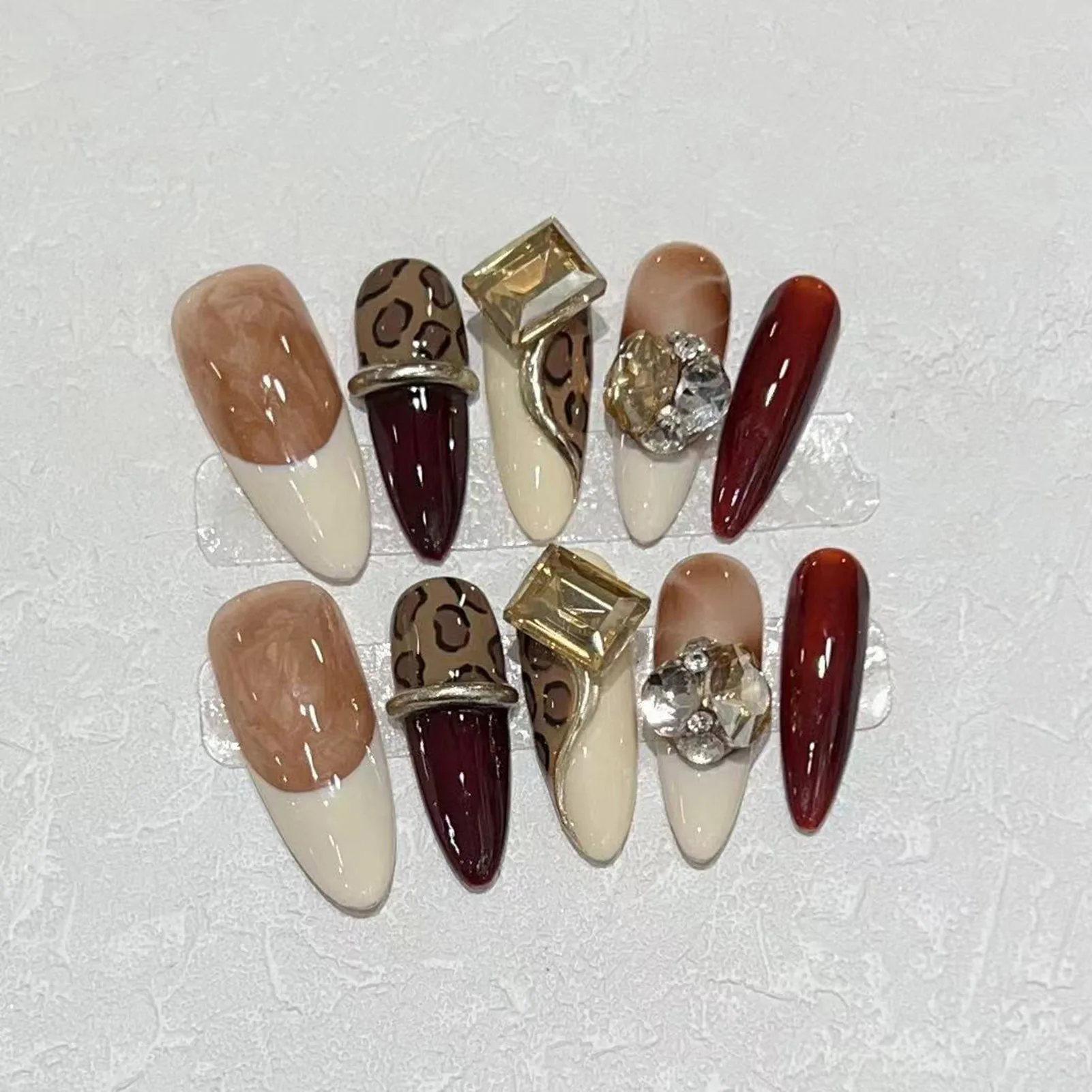 

10PCS French Press On Nails Chinese Amber Style Fake Nails with Rhinestone for Women DIY Manicure Party Wedding Christmas Gift