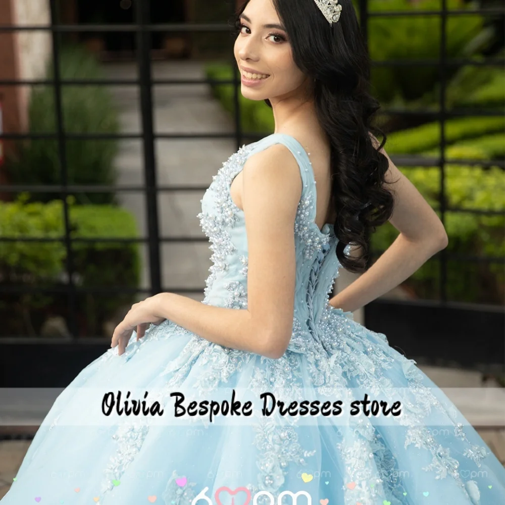 Spaghetti azzurri 15 anni Abiti Quinceanera Applicazioni di pizzo con perline Abito da ballo abiti xv anni Personalizzato