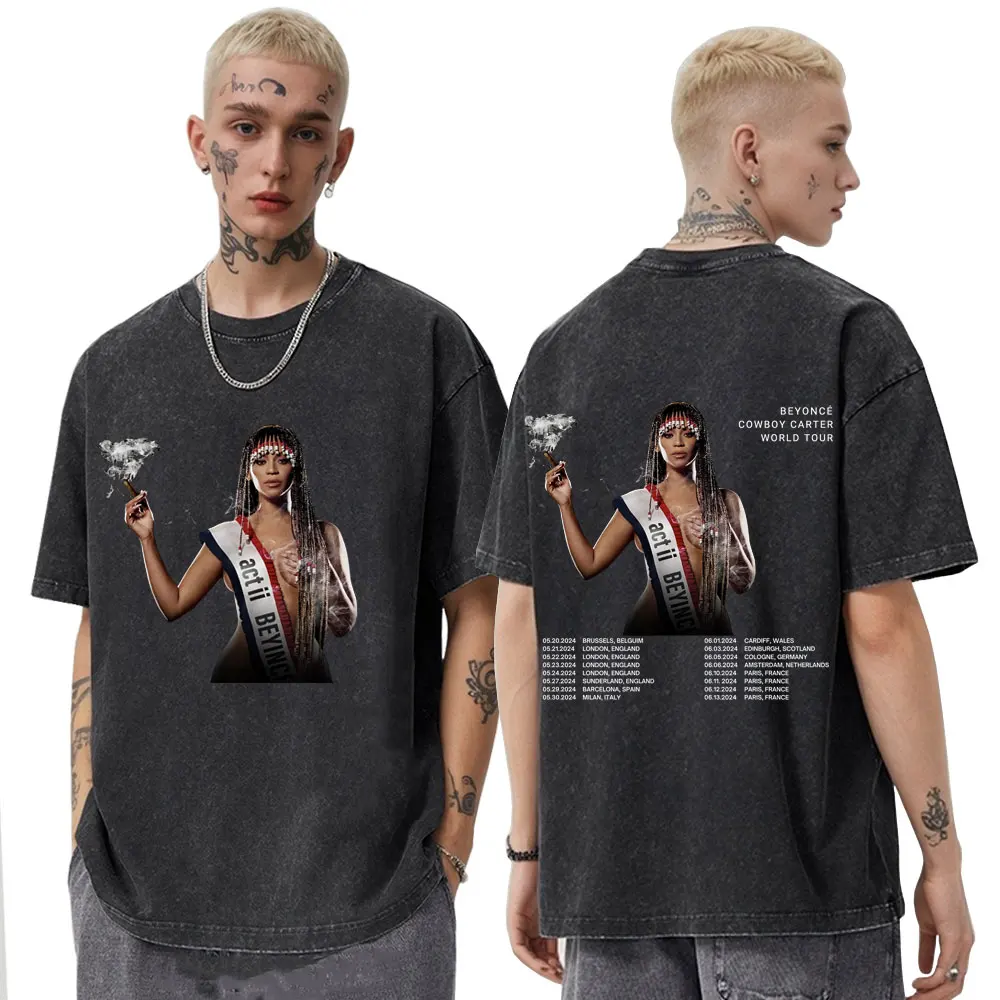 

Washed Vintage Beyonce Graphic T-shirts Cowboy Carter World Tour 2025 T Shirts Men Women Fashion Oversized T-shirt Streetwear