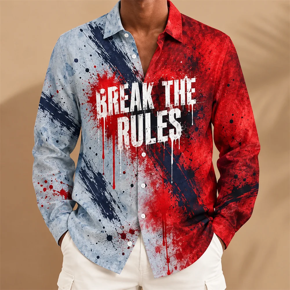 personality text Graffiti Shirt for Men 3D Print Paint Splatter Long Sleeve Button Up Shirt Motivational Quote Streetwear Top