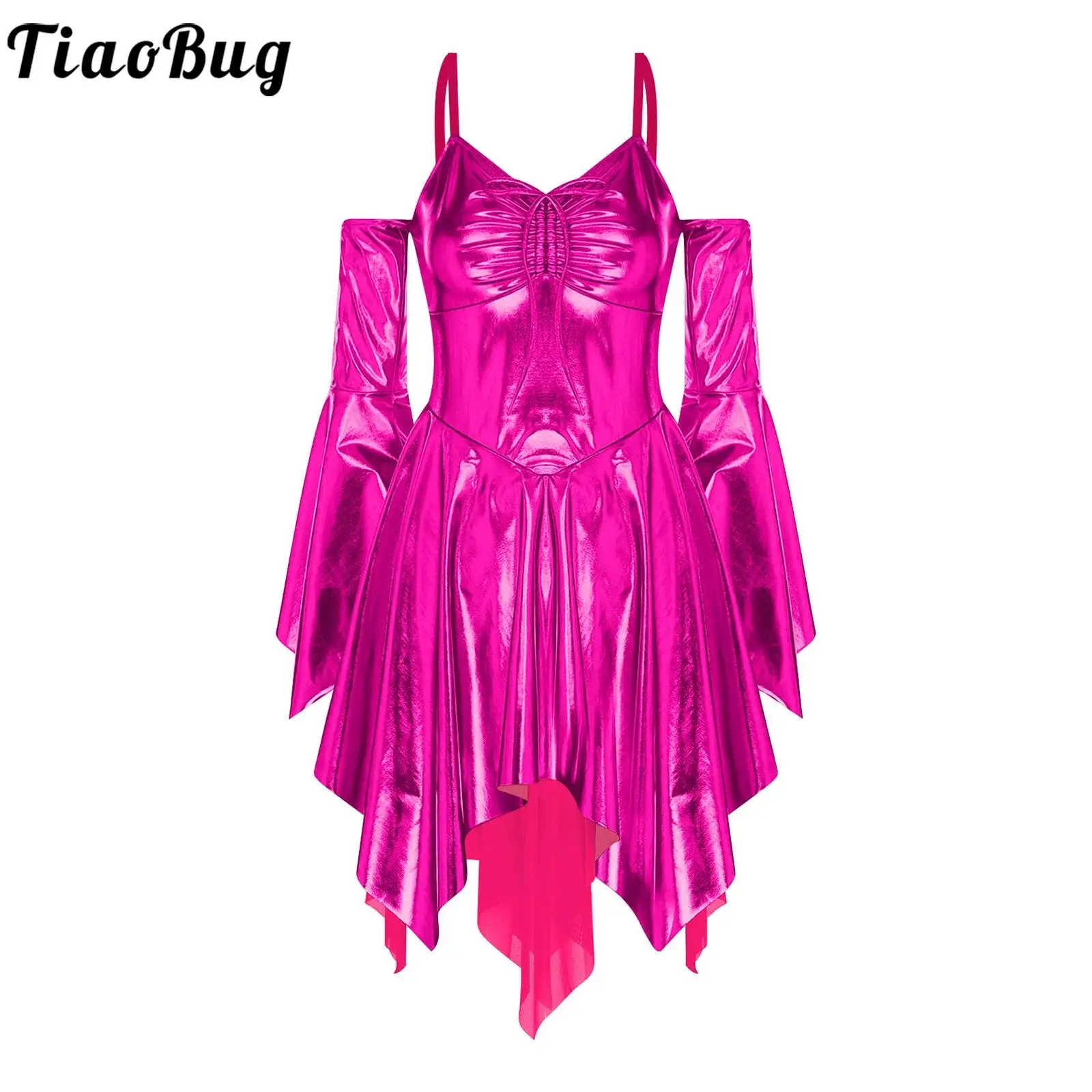 فساتين نسائية عصرية لامعة بكتف بارد برباط على الصدر فستان توتو مكشكش للحفلات والنوادي الليلية ملابس الرقص #1