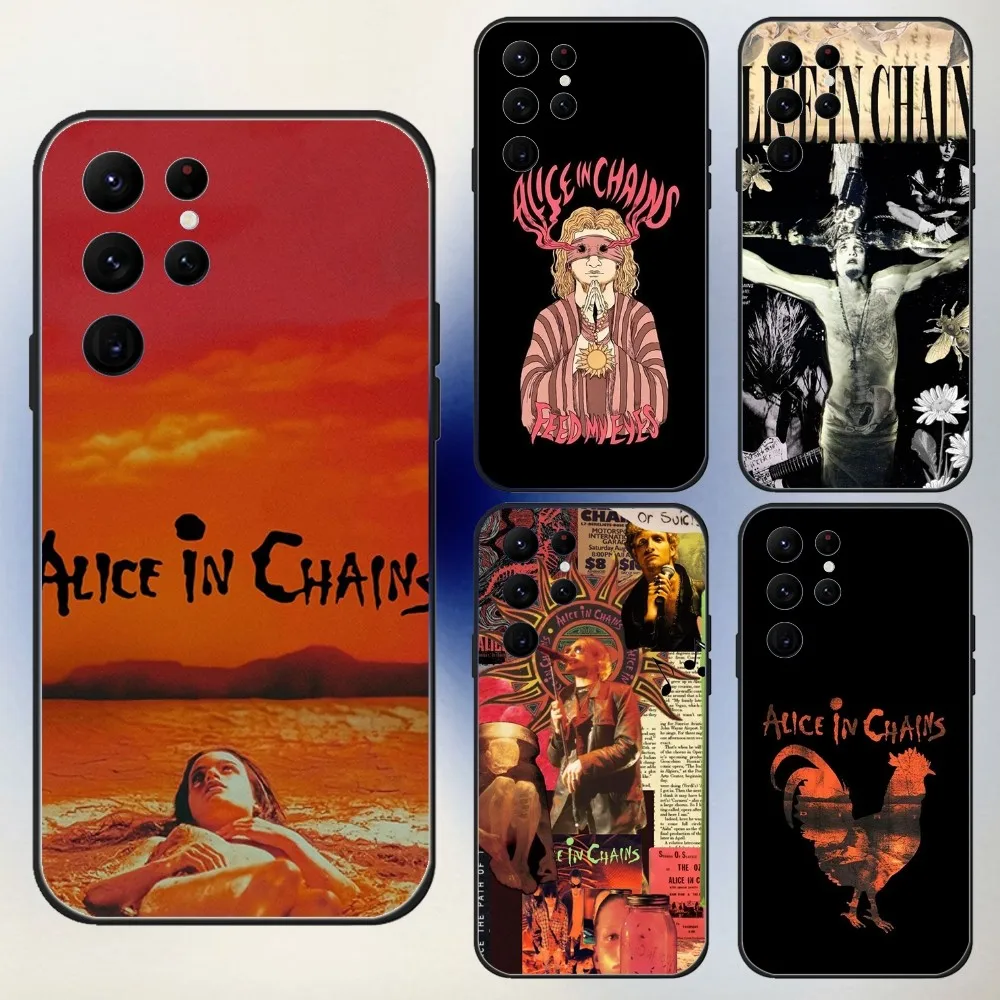 

A-Alice in Chains Band Phone Case For Samsung S24,23,22,30,21,10,9,Ultra,Plus,Lite,FE,5G Black Soft Case