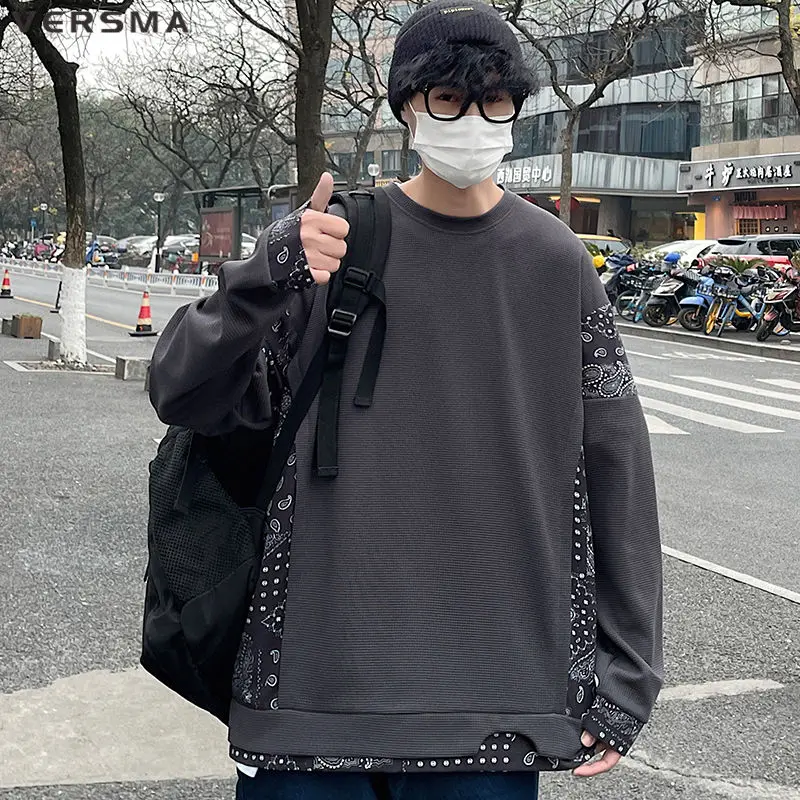 VERSMA Korean Trendy Long Sleeve Oversized Hoodie Men Pullover Autumn Chic Flower Printed Gothic Sweatshirts Male  Dropshipping