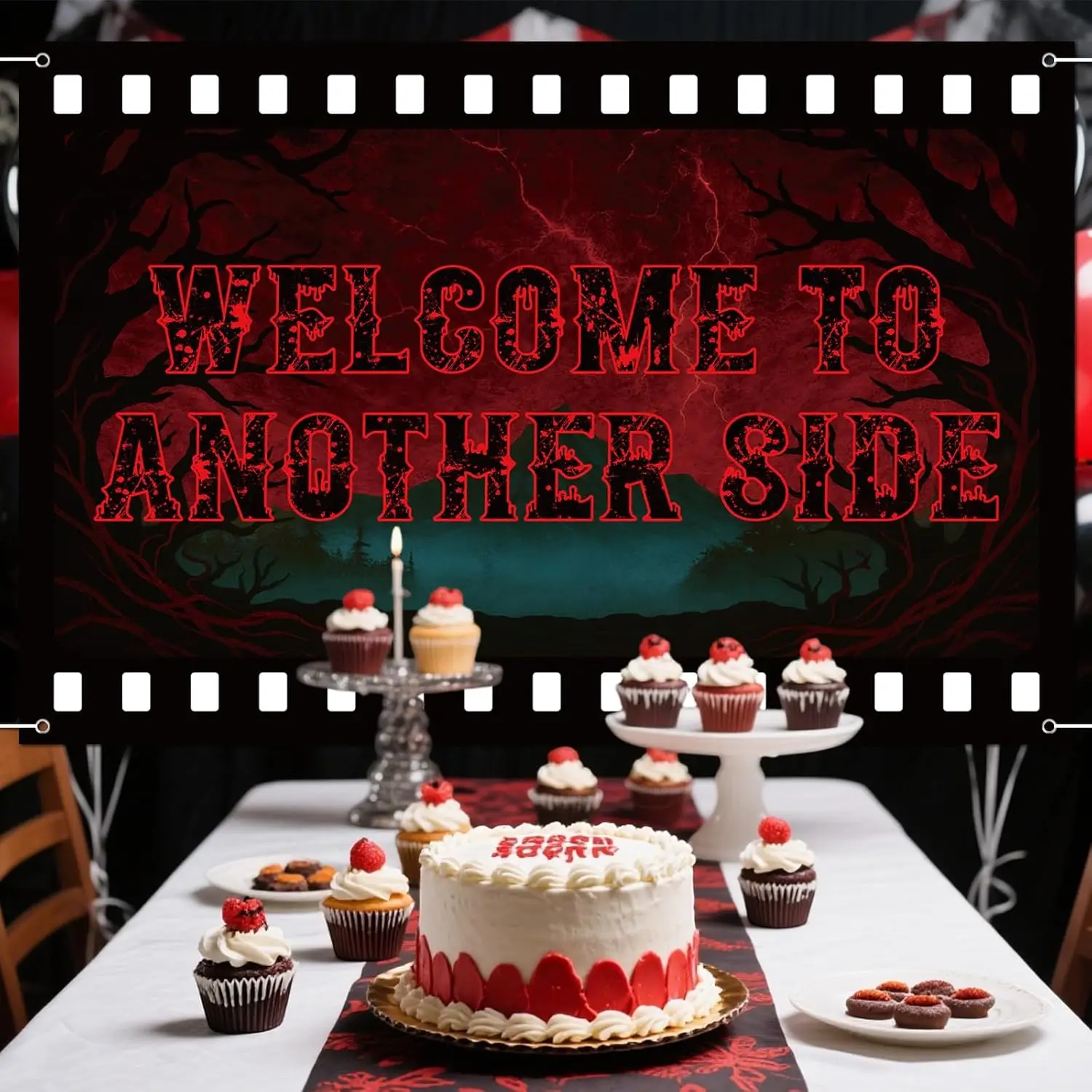 Decorações de Festa de Aniversário Stranger, Cenário 'Bem-vindo a Outro Lado', Fundo Fotográfico de Parede Estilo Retrô Sombrio de Terror com Tiras de Filme