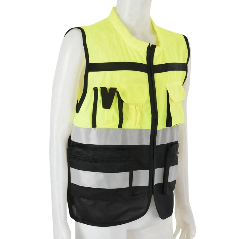 Colete amarelo de segurança frontal com tiras reflexivas, alta visibilidade, zíper, x-grande, classe 2, 2x, 7 bolsos