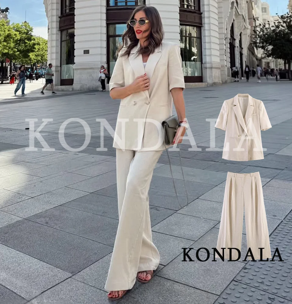 Conjunto de Pantalones de Mujer KONDALA, Estilo Casual y Elegante para el Verano 2026, Blazer Cruzado de Manga Corta, Pantalones Largos