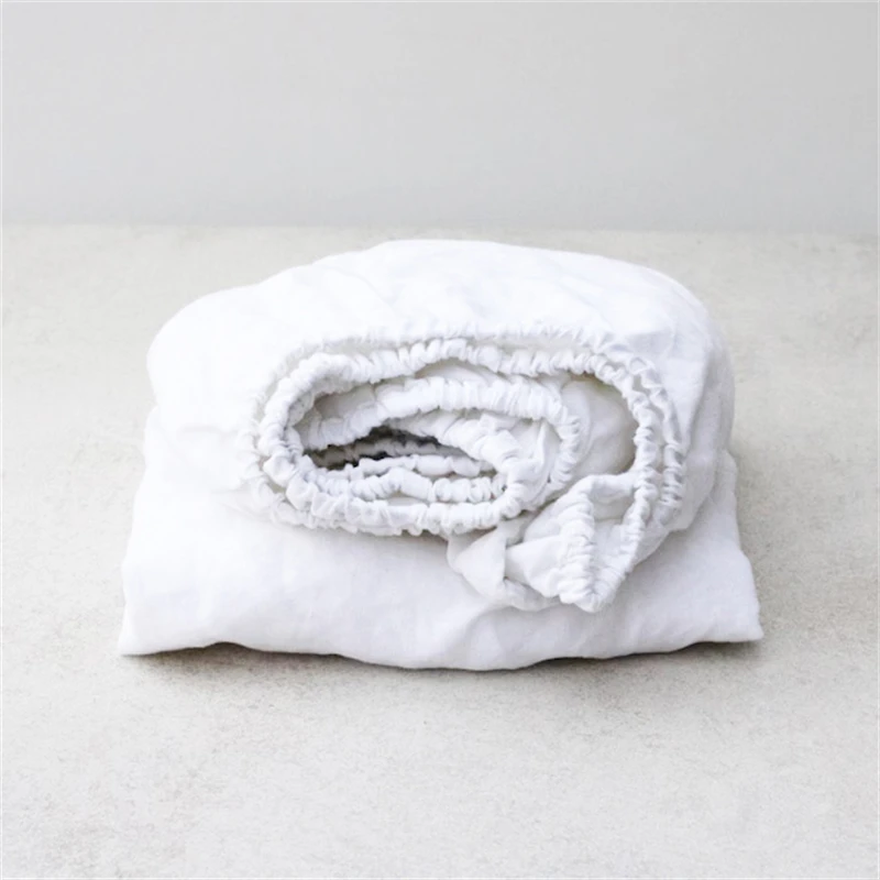 100% Linen Mattress Covers with Elastic Band Solid Color 1pc Fitted Sheet Soft Comfort Mattress Protector Queen King Size Bed