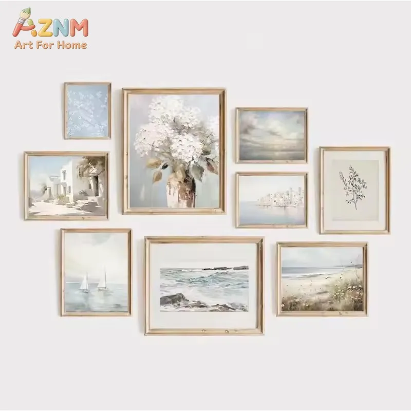 AZNM Tableau mural en toile neutre thème côtier, bleu doux, bateau à voile, océan, imprimé floral d'hortensia blanc, décoration de salon style ferme