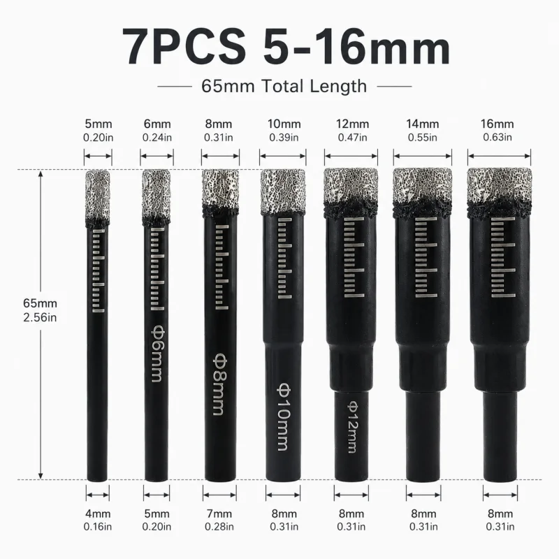 7Pcs Vacuum Brazed Diamond Drill Bits 5‑16mm Tile Hole Saw for Porcelain Marble Glass Drilling