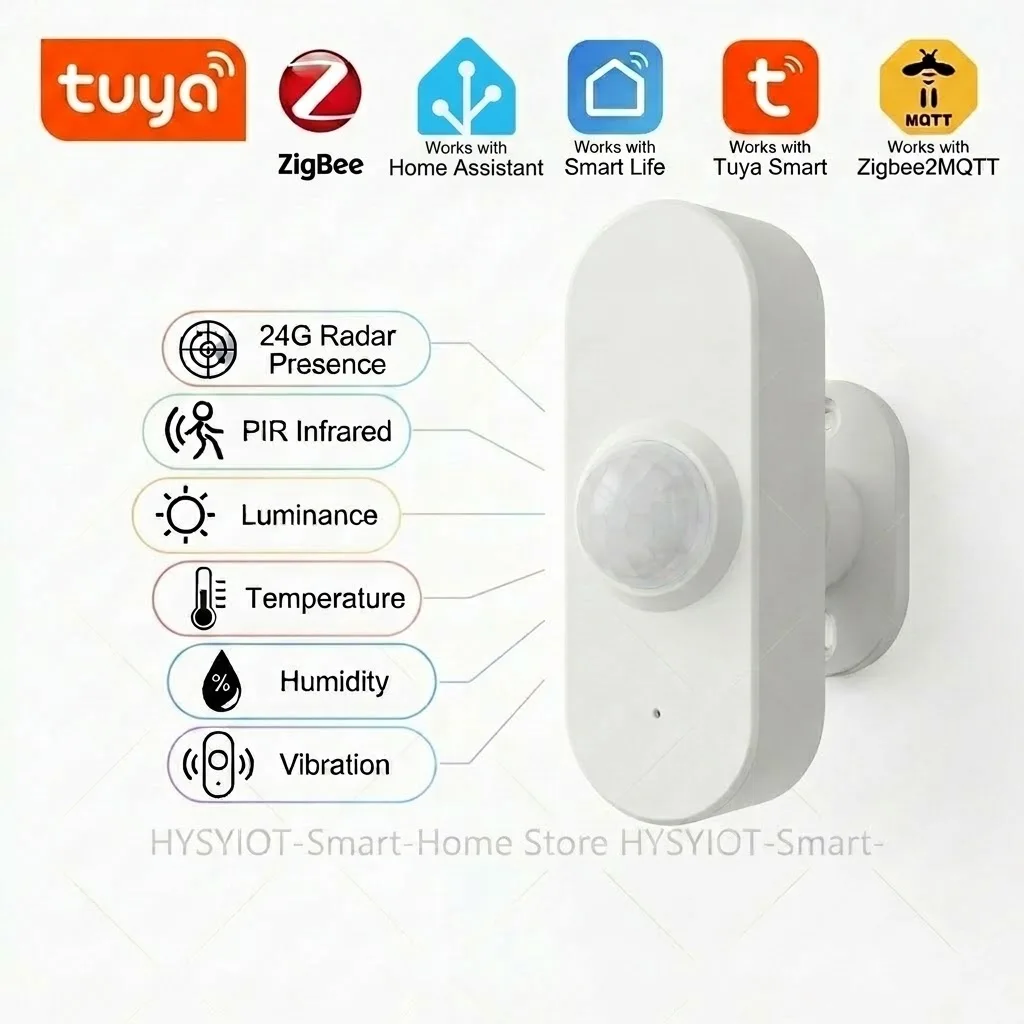 Capteur de présence humaine Tuya, Zigbee intelligent, radar à ondes millimétriques 24G + PIR, détection de luminosité, fonctionne sur piles, compatible Zigbee2mqtt et Home Assistant.