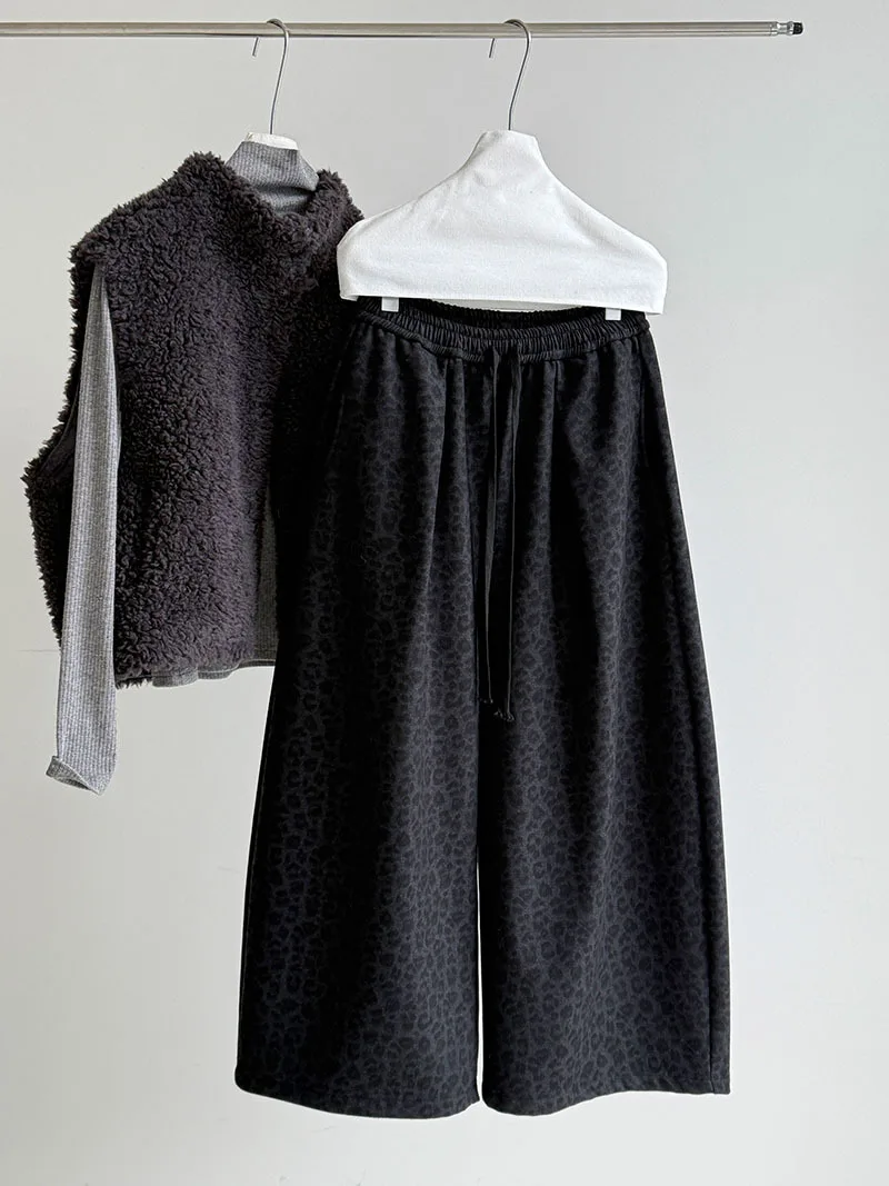 레오파드 프린트 하이웨이스트 와이드 레그 여성용 가을 겨울 두꺼운 기모 캐주얼 롱 팬츠
