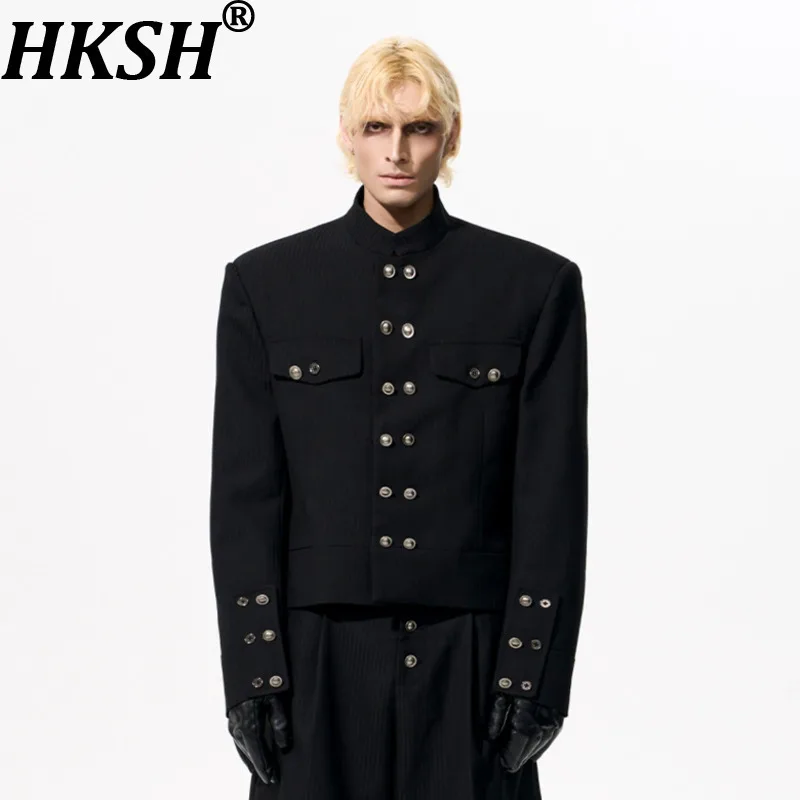 

HKSH Spring Autumn New Men's High Street Dark Striped Double Breasted Stand Collar Buttons Blazer Trendy Chic Punk Pants HK16572
