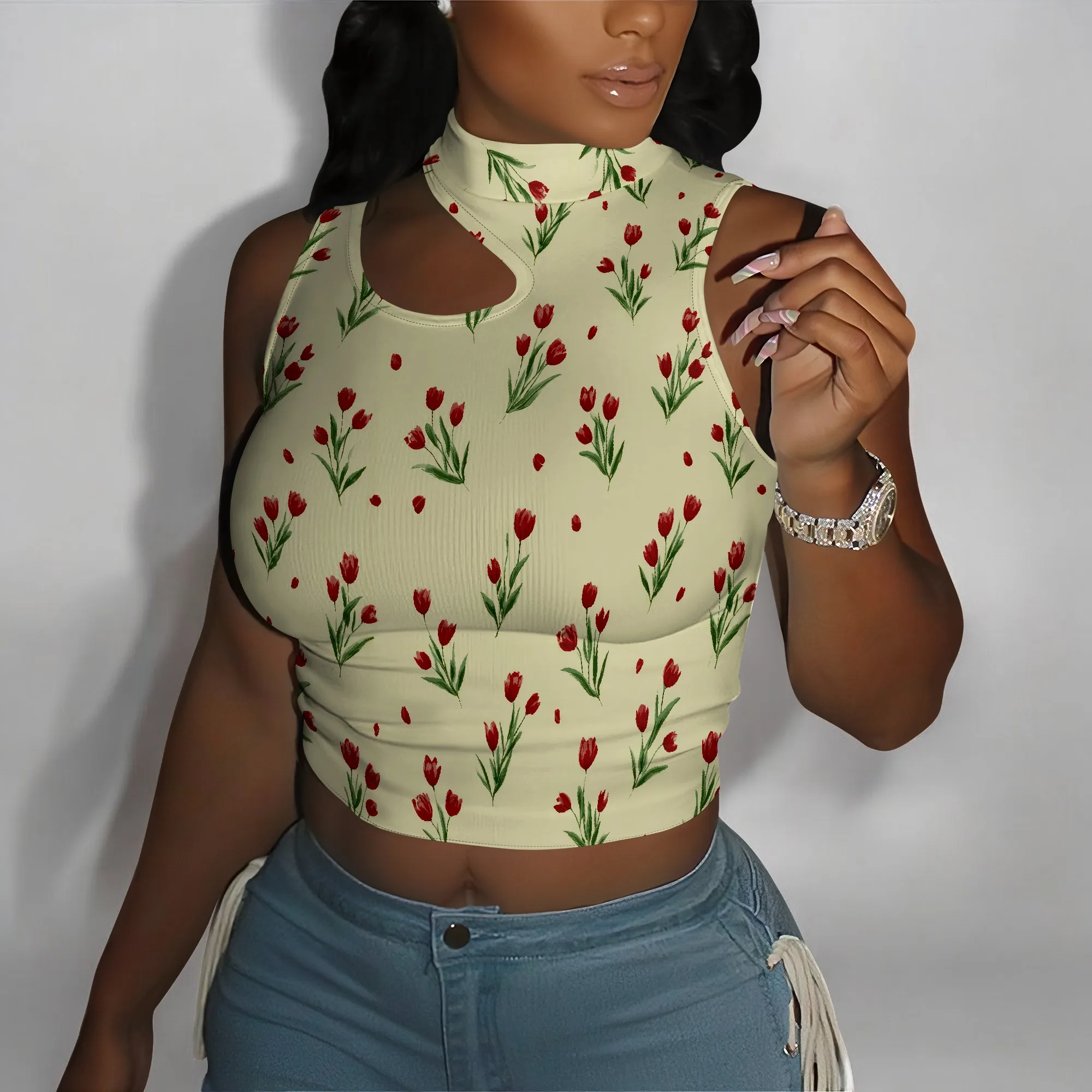 Hauts courts pour femmes, hauts découpés sexy, débardeur à col montant