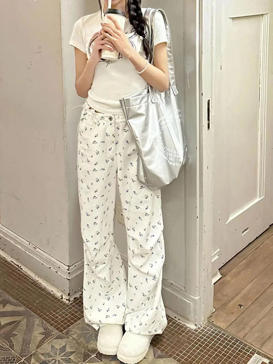 

Прямые джинсы с цветочным принтом расширенного размера, женские летние свободные утягивающие крутые широкие брюки для спецодежды, брюки с высокой талией на молнии...