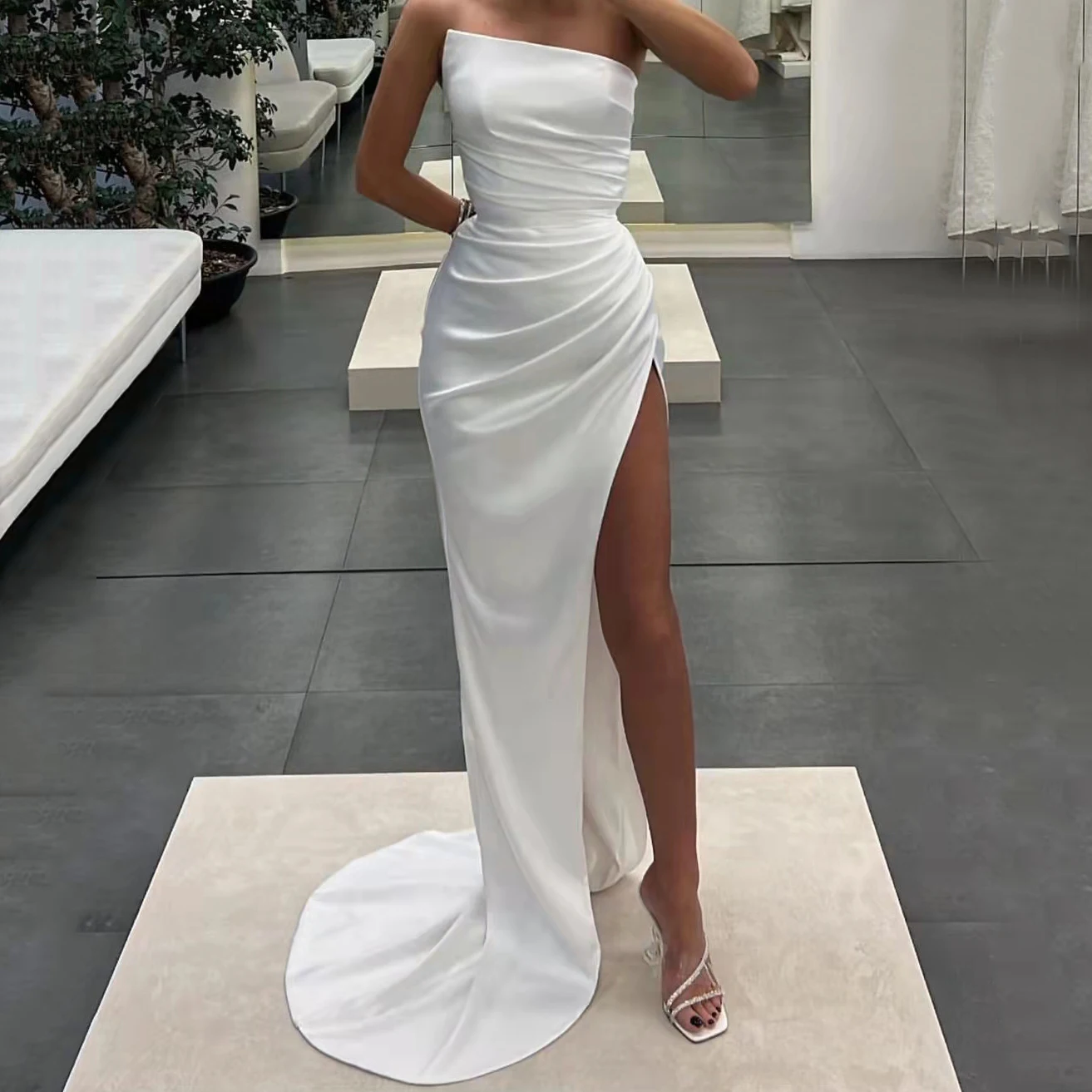 

Strapless Evening Dresses Long Mermaid Satin فساتين السهرة Sexy Prom Dresses Formal Party Gown with High Slit
