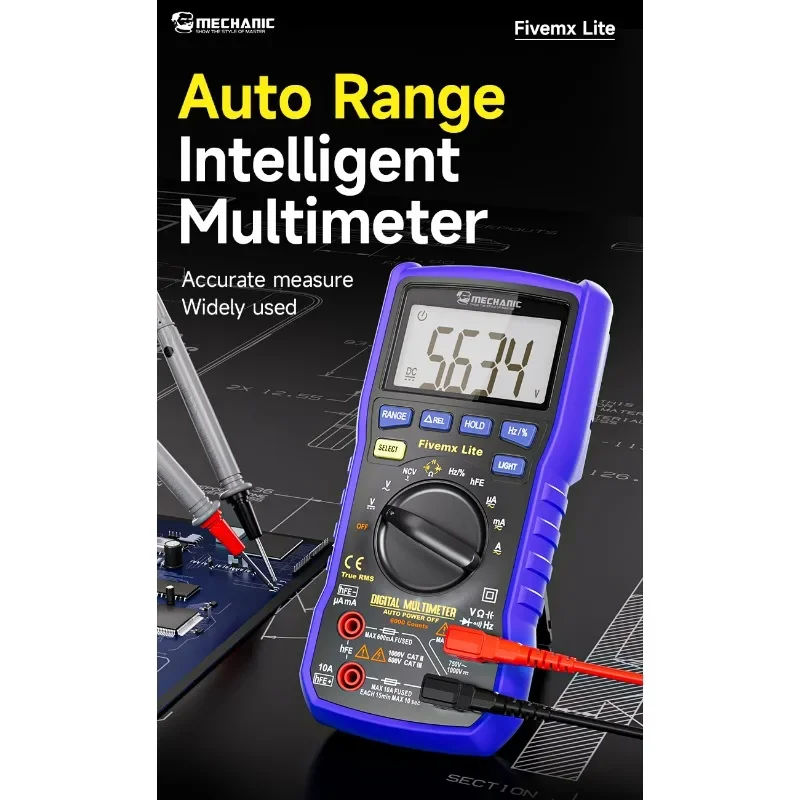 MECHANIC Fivemx Lite Auto Range Multimeter Intelligent Anti-Burn for AC/DC Voltage Current Resistance Measurement Testing Tool
