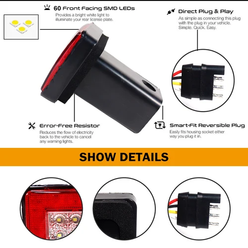 Imagen 2 del producto Luz trasera/freno de coche con camión SUV remolque clase 3/4/5 receptor de enganche de remolque de 2 pulgadas lámpara de freno roja, lámpara trasera, luz inversa blanca