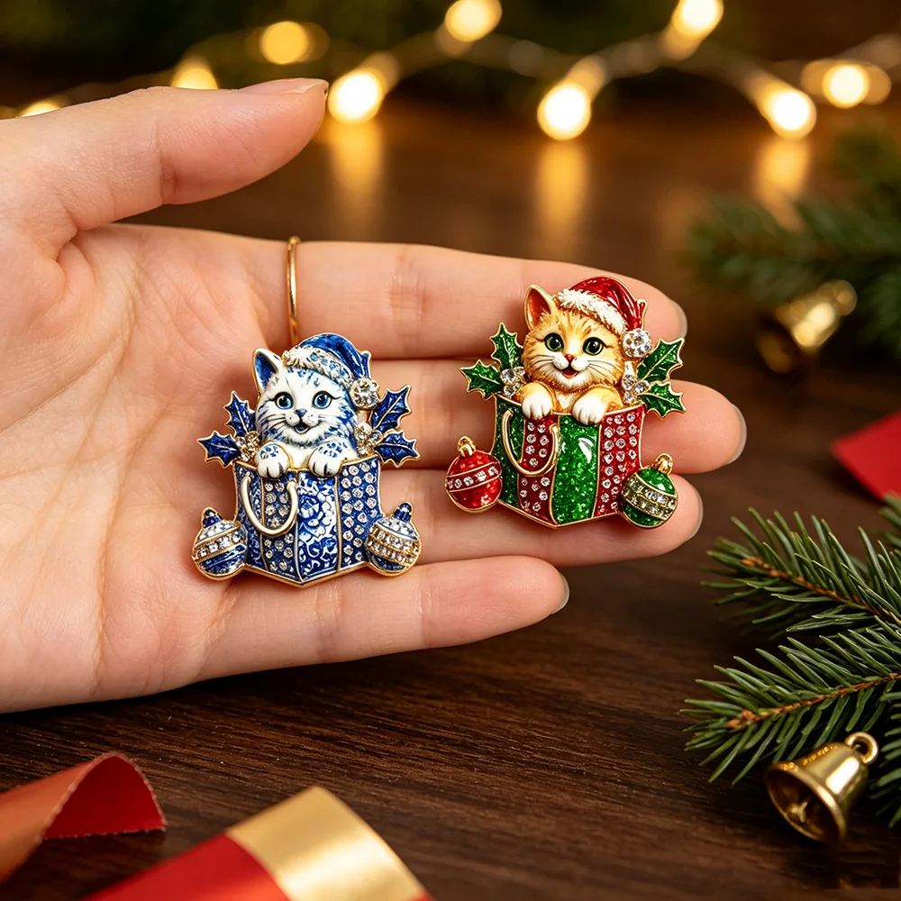 Christmas Kitten Gift Box Rhinestone Brooch Santa Cat Lapel Pin Xmas Coat Pin Holiday Jewelry Gift for Cat Lover Women