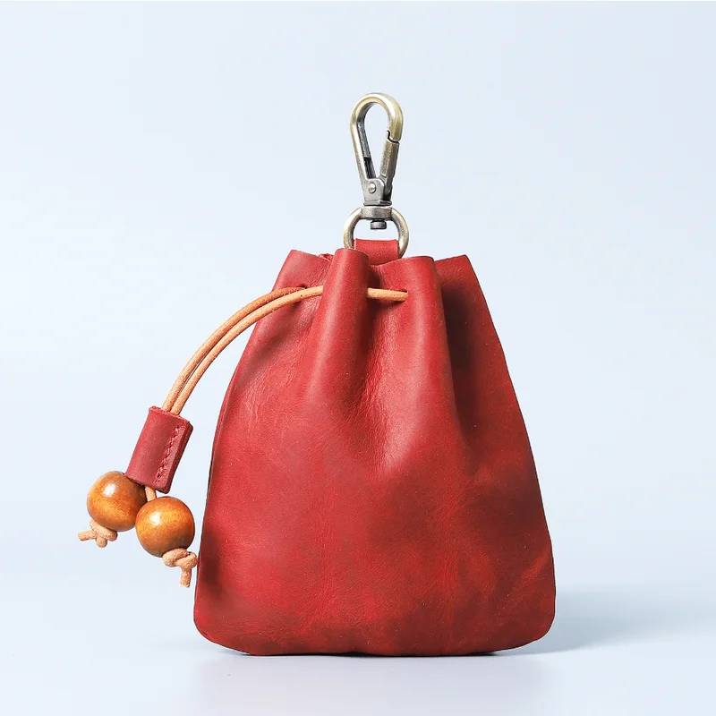 Genuine Leather Coin Purse Men Women Coin Wallet Crazy Horse Leather Vintage Money Pocket Drawstring Storage Bag Card Holder