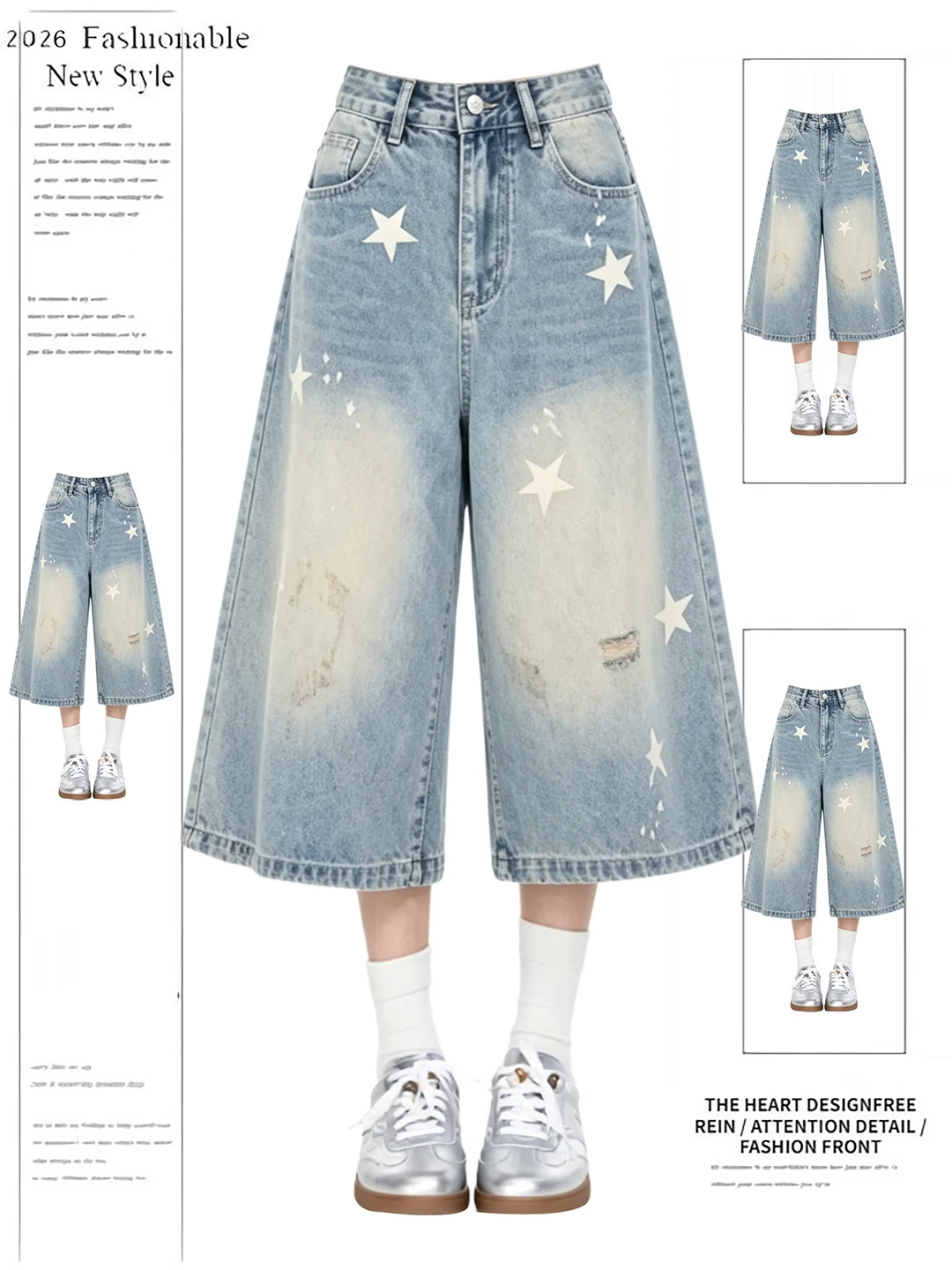 

Retro American Star Print Denim Shorts Women's Summer Washed Loose Slim Wide Leg Casual Shorts High Waist Tear Resistant Soft...