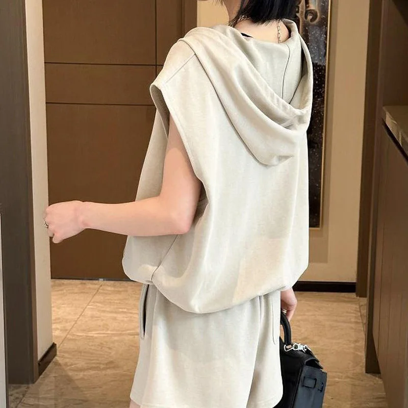 Solid Oversized Ladies Fashion Pullovers Two Piece Set Summer Loose Sleeveless Tops New Elastic Waist Straight Wide Leg Pants