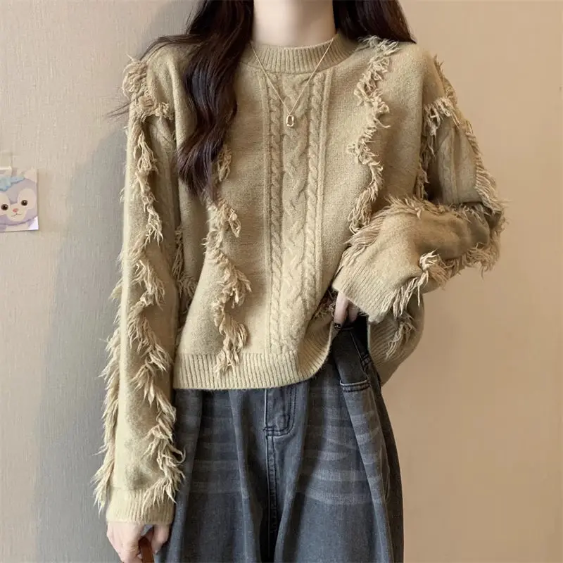 Hdspq Chic Rough Selvedge Sweater Women Autumn Winter Casual Loose Wild Sweaters Ladies Long Sleeve Thickened Warm Pullovers