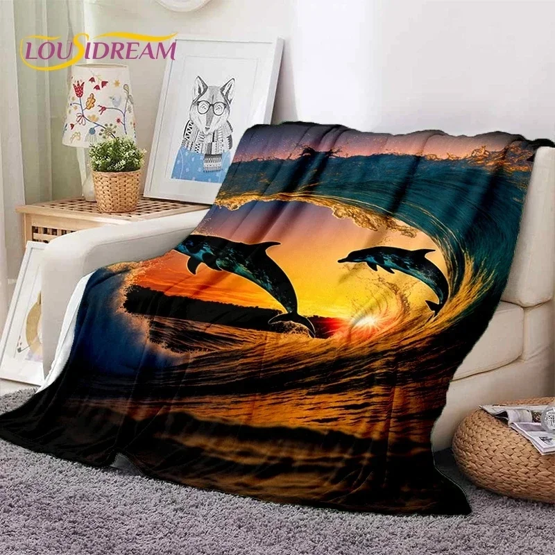 3D Unterwasserwelt Meeresboden Delfin Cartoon Weiche Flanelldecke für Betten, Schlafzimmer, Sofa, Picknick, Überwurfdecke für Freizeit im Freien