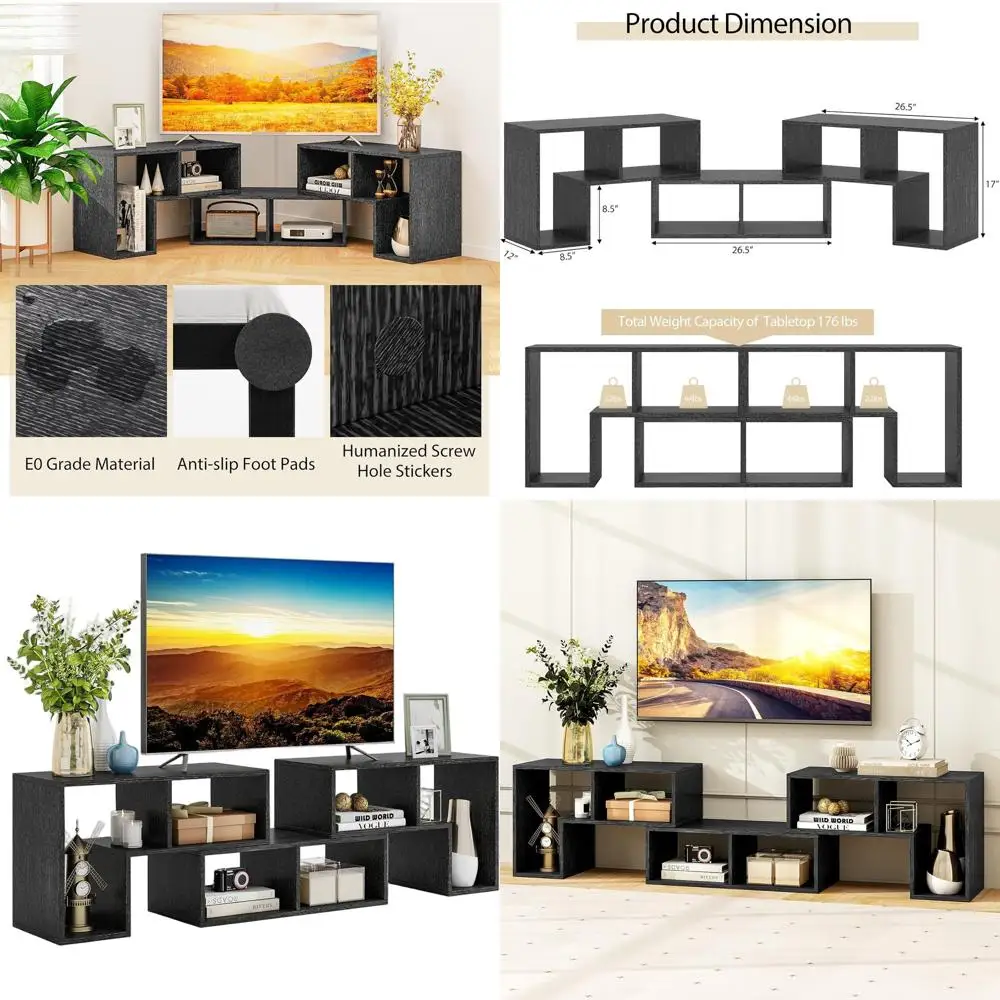 

Modern 3-Piece TV Stand for 50-65 Inch TVs - Minimalist Media Console with Open Storage for Living Room (Black Wood Grain)