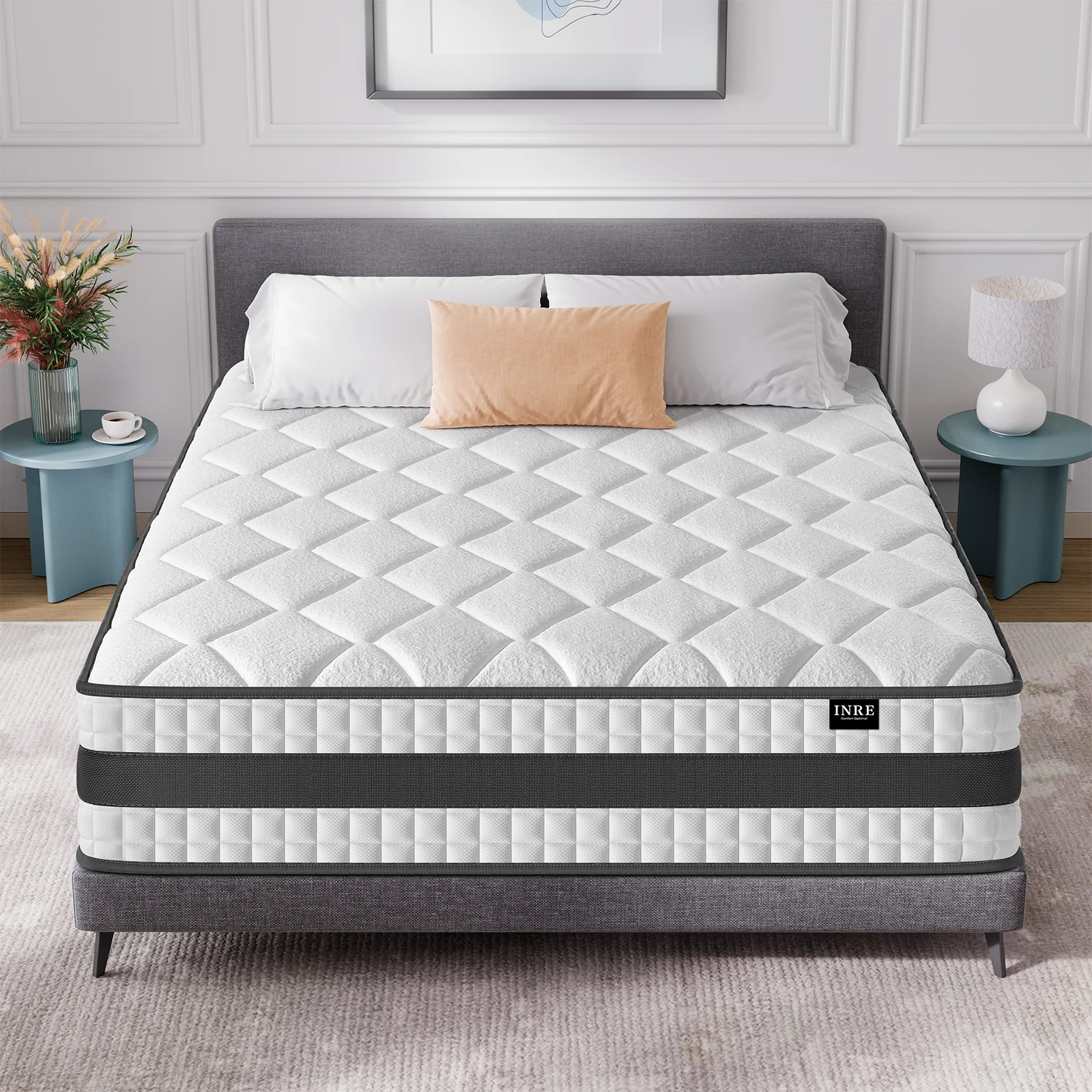 Matelas Hybride INRE, Épais 25cm, Ressorts Ensachés + Mémoire de Forme, Moyenne Ferme, 7 Zones de Confort, Respirant