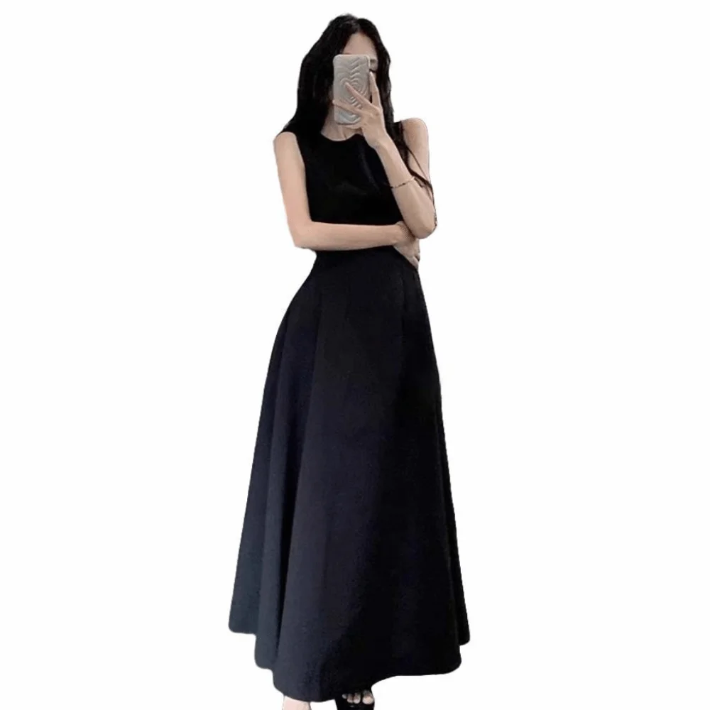 

U Neck Sleeveless Long Dress Sleeveless Vest Temperament Solid Color Long Skirt Elegant A-line Women Korean Dress