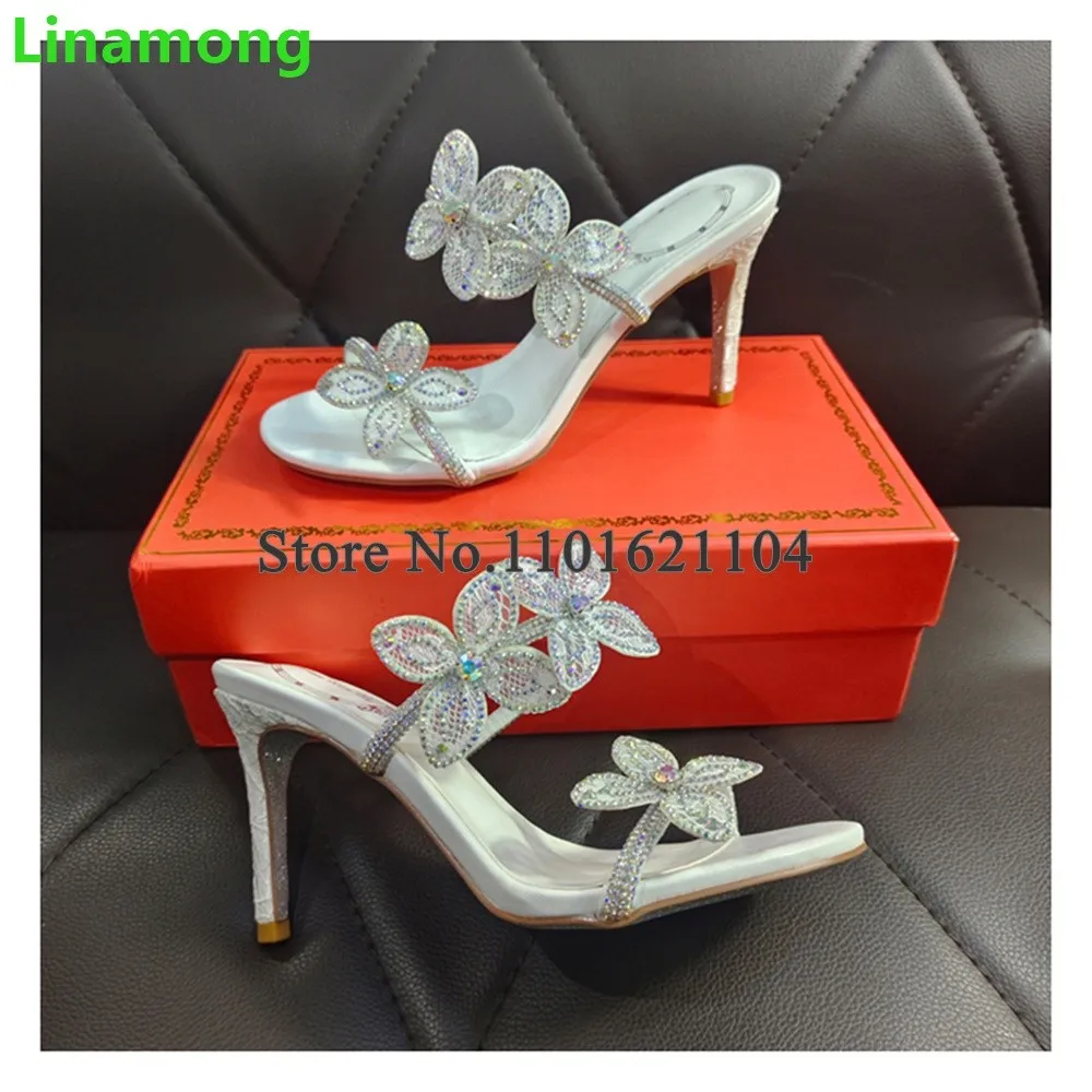 White Flowers Luxury Design Slippers For Female Women 2024 New Thin High Heel Round Toe Sexy Elegant Shallow Party Outside Shoes