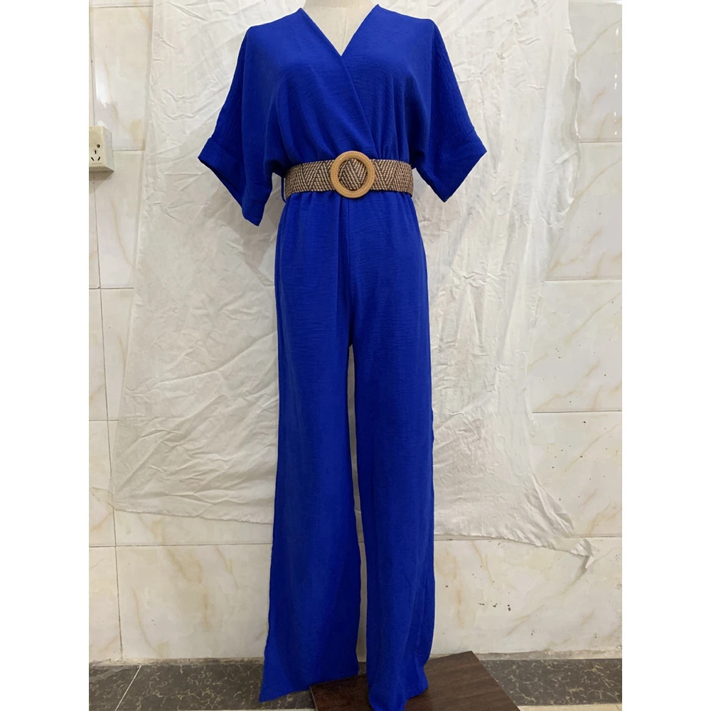 2023 Spring Summer Women\'s Belt Solid Color Short Sleeve Jumpsuits Set Femme Elegant V-neck Office Lady Work Streetwear Clothing