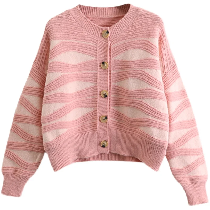 

Autumn Winter Casual Long Sleeve Sweater Fashion Korean Style Women Wavy Stripe Cardigan Elegant Loose O-neck Knitted Top