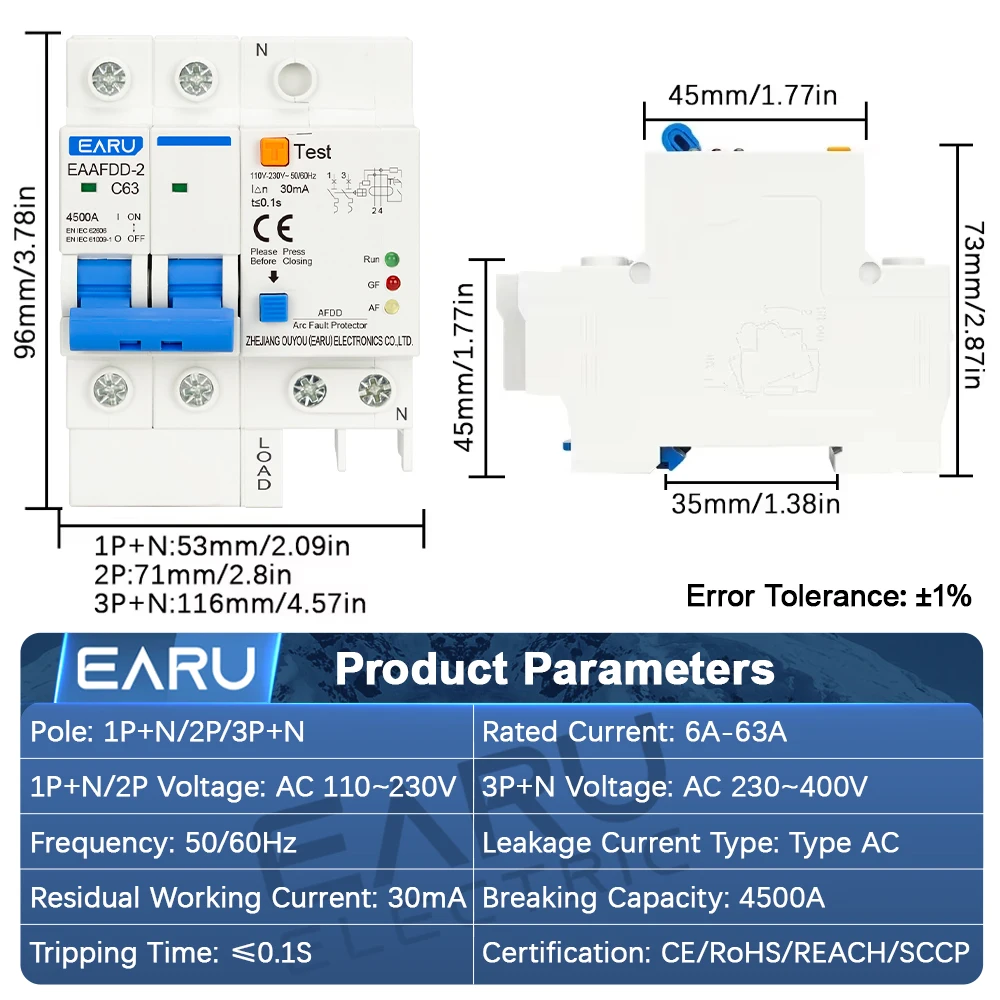 AFDD 1P+N 2P 3P+N AC 230V Fault Arc Protector Circuit Breaker Main Switch RCBO MCB Short Circuit Overload Leakage Protection