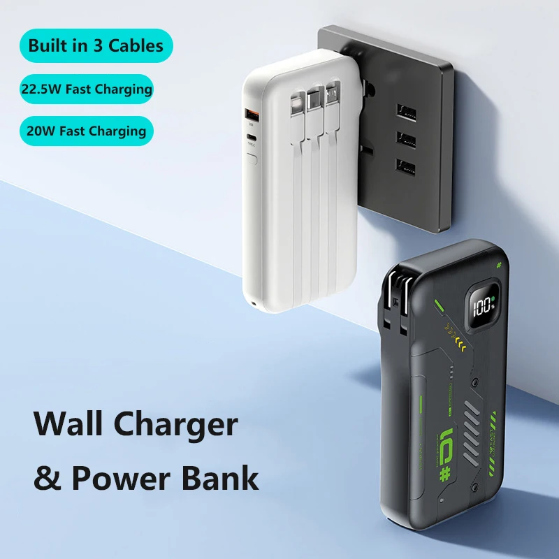 

Внешний аккумулятор (Power Bank) 20000 мАч с кабелем и сетевым зарядным устройством 22.5 Вт для быстрой зарядки iPhone, Samsung, Huawei, Xiaomi