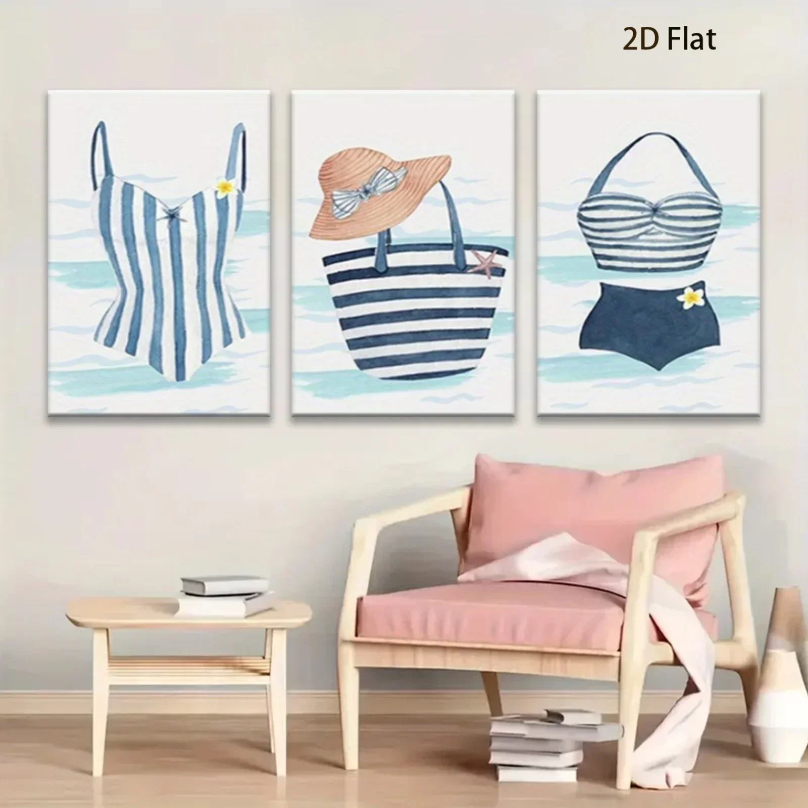 (No frame)2D Flat, 2D Flat, 2D Flat 3pcs 2D Flat Seaside Blue Swimsuit Home Wall Decoration Poster, Birthday Party Gift, Love