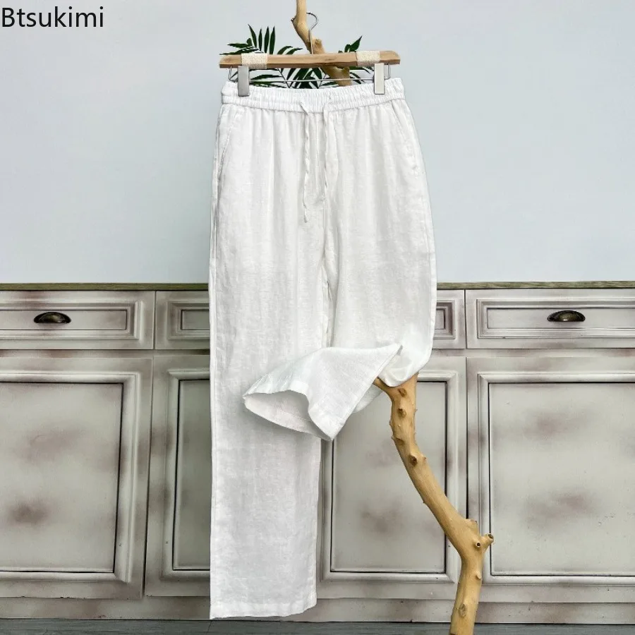 2025 Summer White Men's Cotton Linen Pants Male Autumn New Breathable Solid Color Linen Trousers Loose Streetwear Baggy Pants