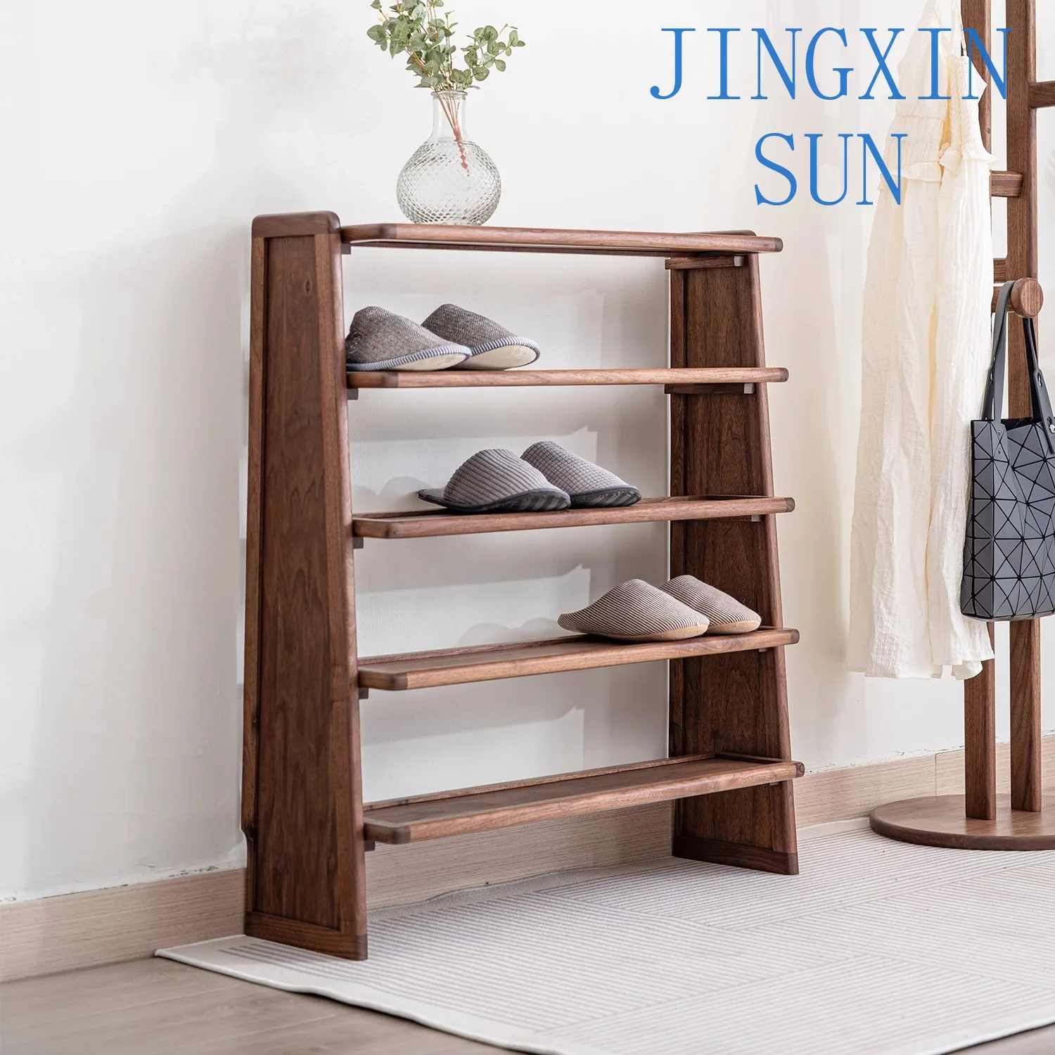 Black walnut shoe rack multi-layer solid wood rack for home use