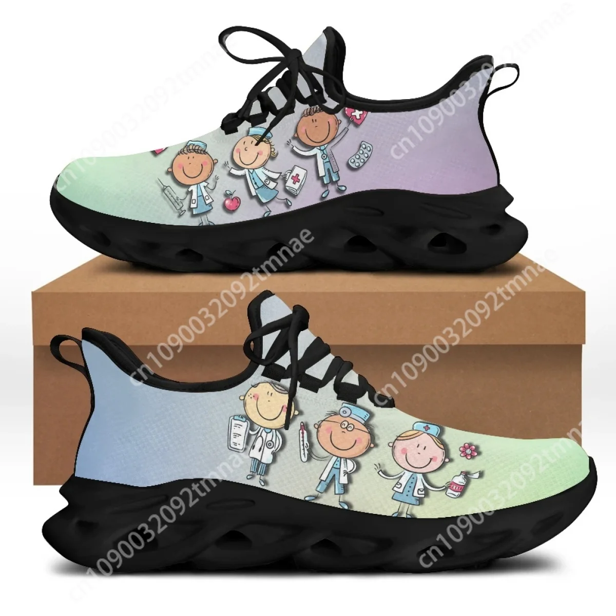 

Custom Fashion Cartoon Nurse Girls Medical Pattern Mesh Sneakers for Women Light Lace up Flat Shoes Female Casual Sport Shoes