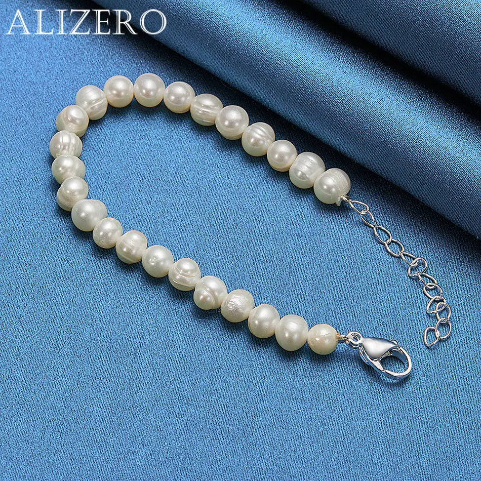 ALIZERO 925 Sterling Silver Bracelet 7-8mm Artificial Pearl Bracelets For Women Fashion Wedding Party Jewelry Gift