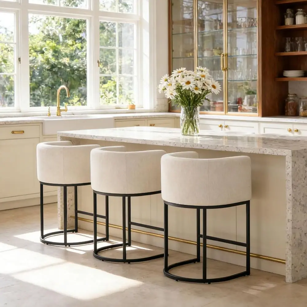 

Set of 3 Linen Upholstered Counter Height Bar Stools with Backrest and Arms, Black Metal Legs