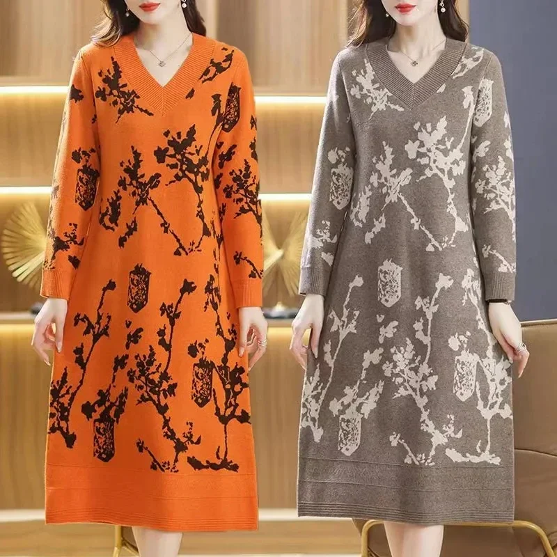 

New Knitting Vestidos Women's 2025 Spring Autumn Long Sleeved Middle Aged Mother Ladies Sweater Dress Temperament Lady SkirtLIBI