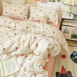 Floral Bedding Set Purple Tulips Ins Single Queen Size Duvet Cover No Filler Flat Sheet Pillowcase Home Hotel Bed Linens