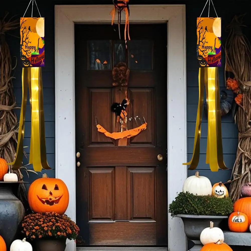 2Pcs Halloween Windsock Flags with Lights Weather-Resistant Pumpkin Witch Windsock Hanging Flag for Home Yard Indoor Outdoor Dec