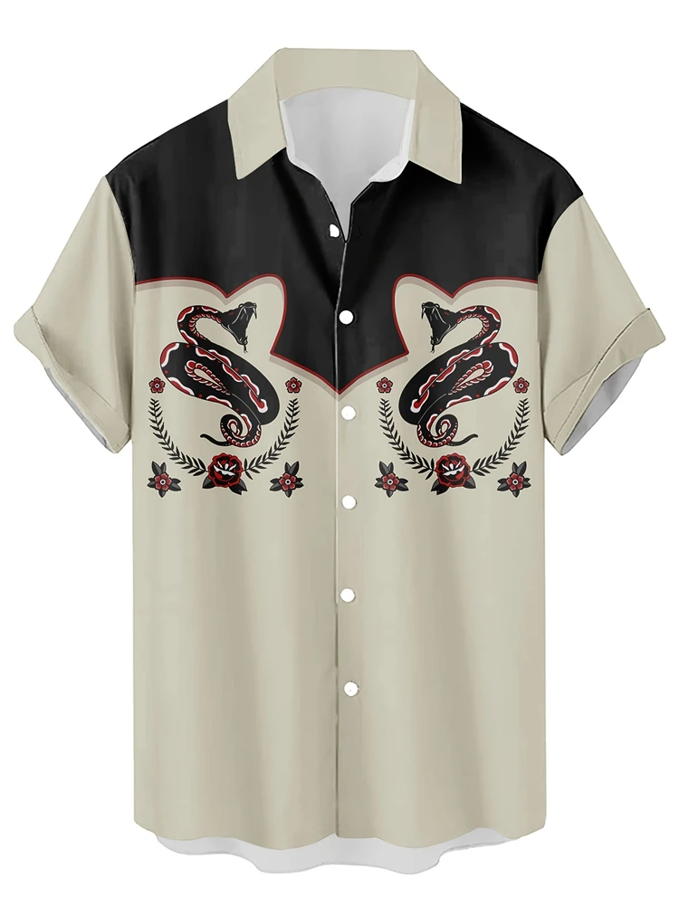 

Vintage Python Pattern Men's Button Down Short Sleeve Shirt Street Style Lapel Design Mens Shirt New Comfortable Loose Fit Shirt