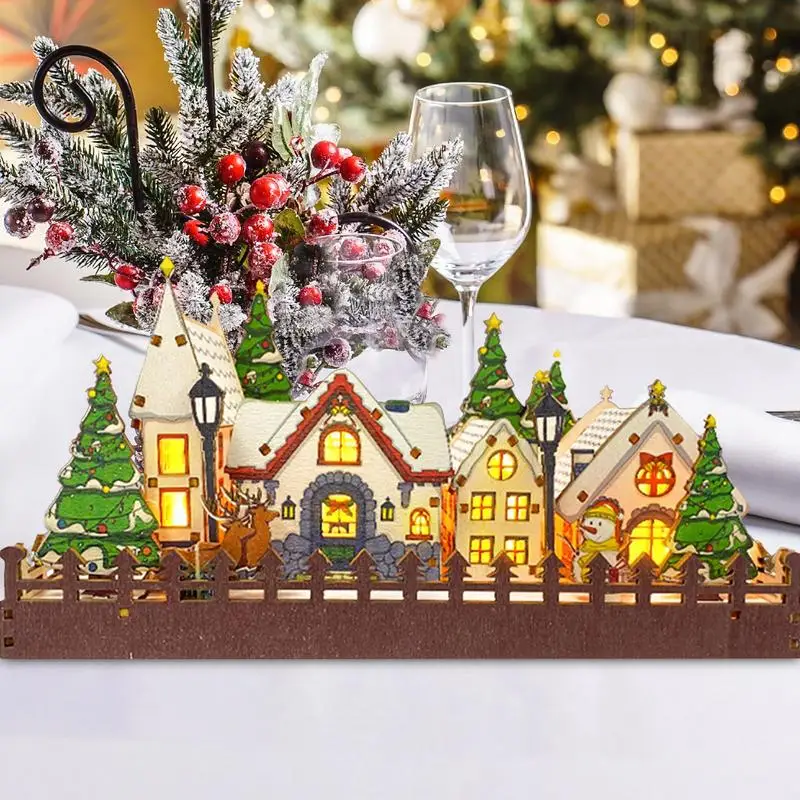 Wooden Christmas Houses Christmas Houses LED Winter Scene Wooden Christmas Villages Display Pre-Lit Christmas Supplies Desktop