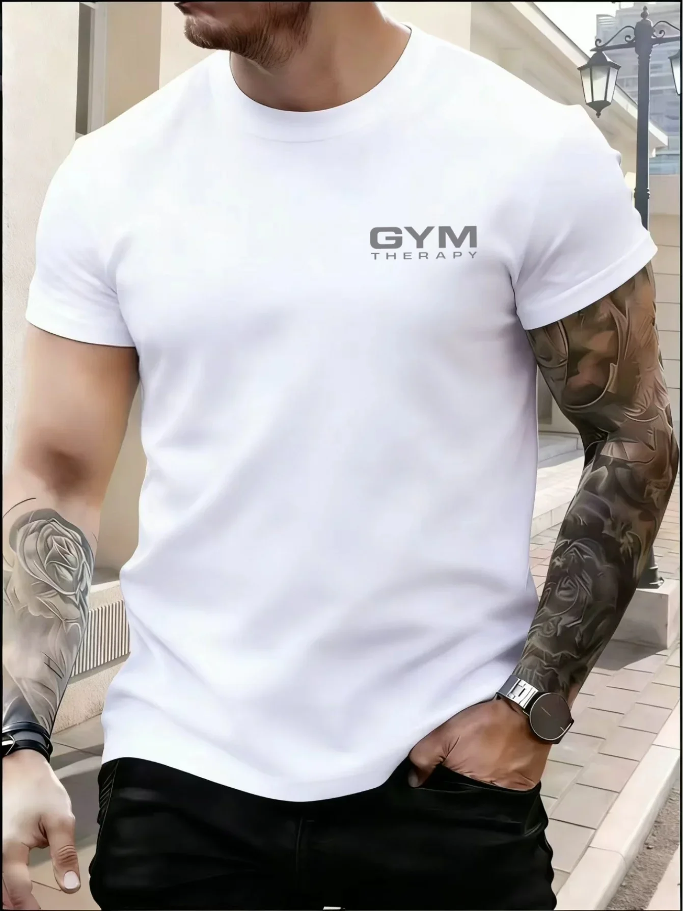 Fashion New Men GYM THERAPY Graphic T-Shirt Fitness Workout Motivational Quote Print Short Sleeve Tee Gym Training Casual Tops